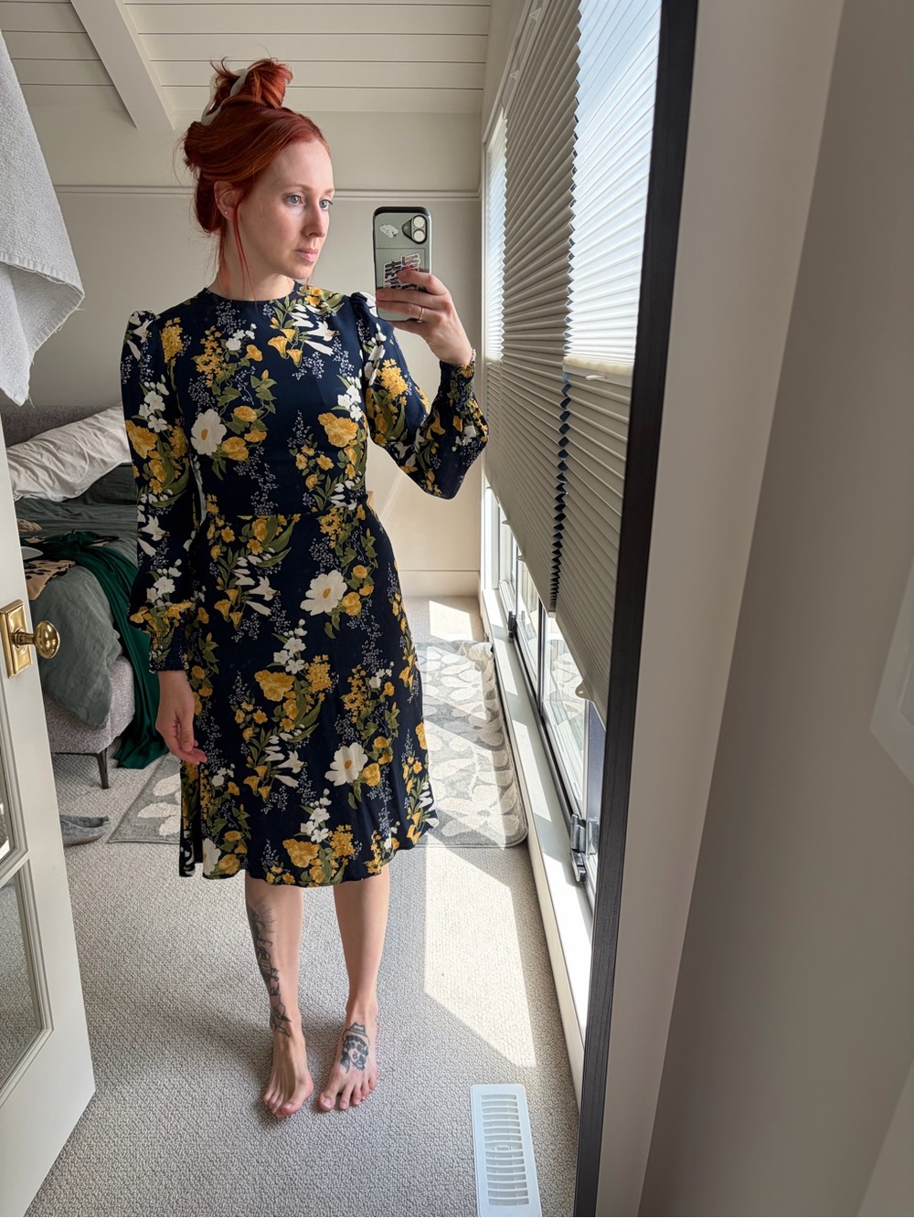 Reformation Navy Floral Midi Dress with Yellow & White Blooms